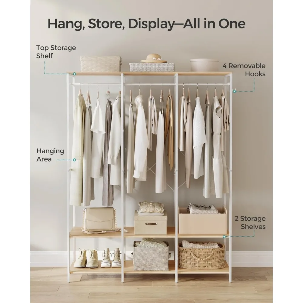 رف ملابس من الحديد والخشب عالي التحمل مع قضبان تعليق ومنظم أرفف خزانة قابل للإزالة لتخزين خزانة الملابس