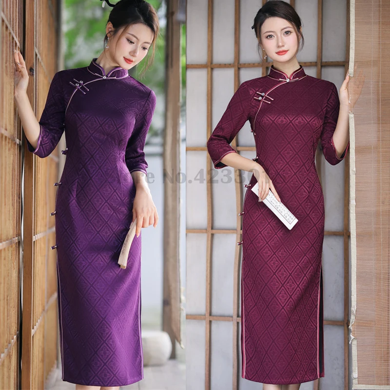 Autumn Winter Champagne Vintage Ethnic Style Wedding Mother Banquet Qipao Women's Long Tight Mandarin Collar Elegant Vestidos