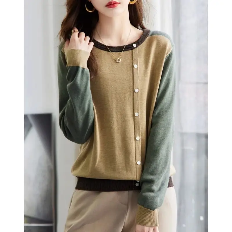 Spring Autumn New Fashion Round Neck Long Sleeve Pullovers Women\'s Clothing Patchwork Color Blocking Knitting Button Sweaters