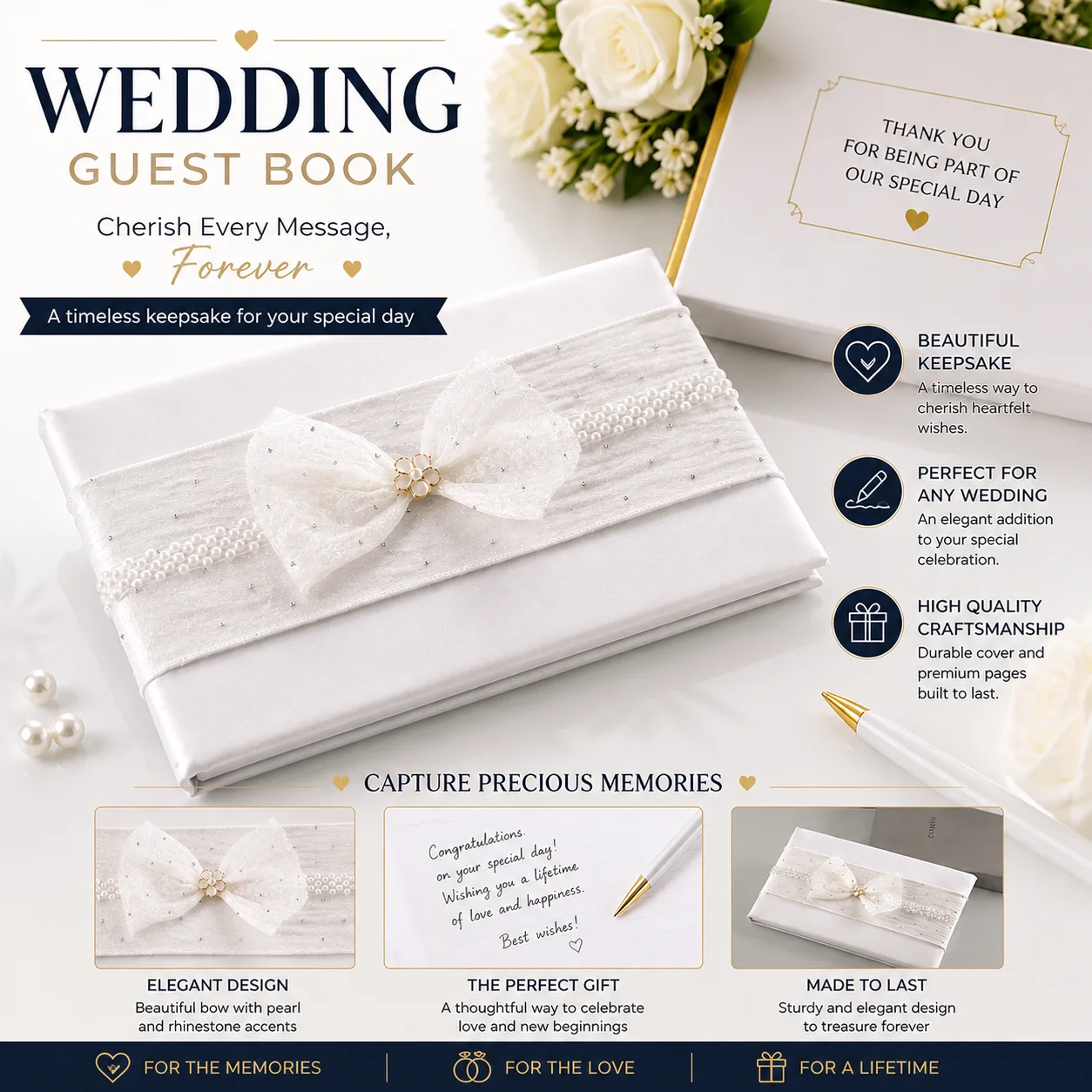 

Elegant Pearl Bow Wedding Guest Book, Hardcover Sign-in Book, Wedding Reception Keepsake, Bridal Shower Gift