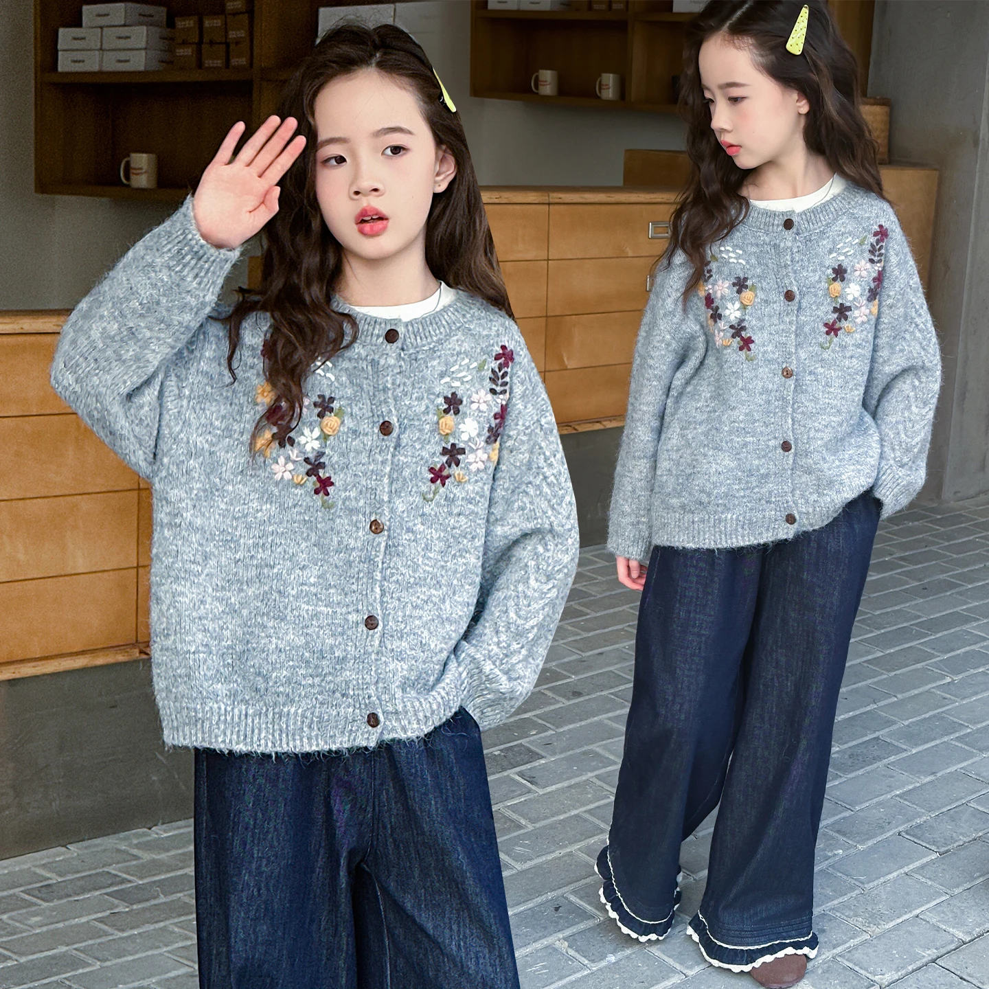 

Elegant Kids Floral Knitted Cardigan with Buttons for Tween Girls Fashion Flower Embroidery Sweater Children Autumn Knitwear