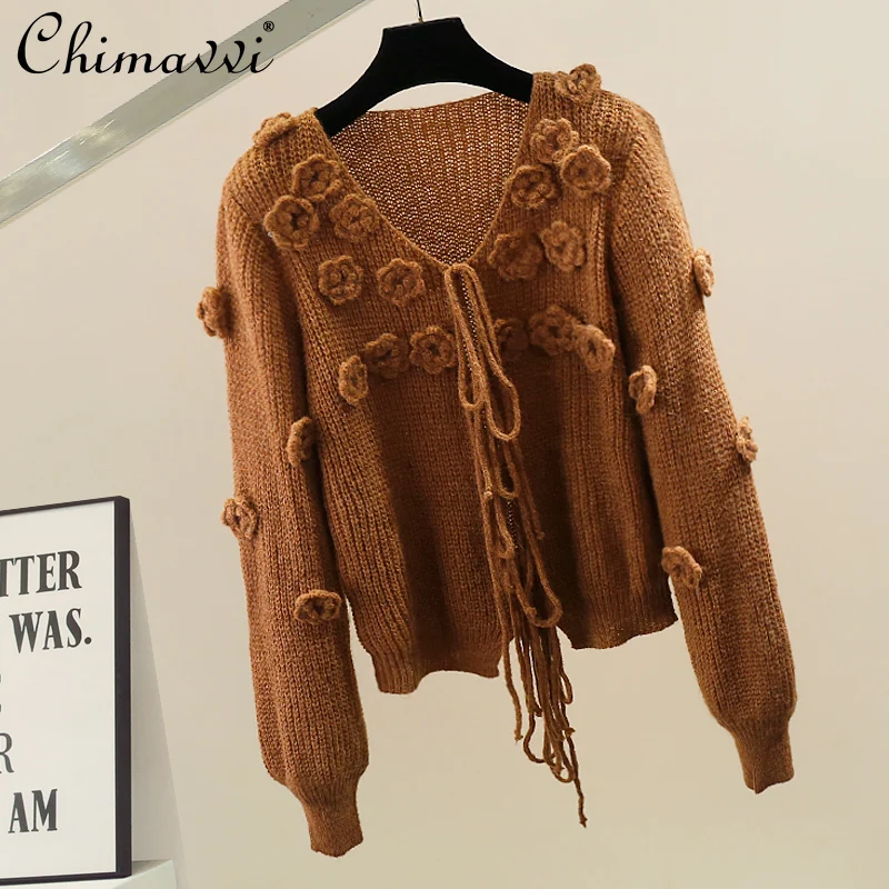 Korean Fashion Autumn and Winter New Heavy Three-Dimensional Flower Knitted Sweater Women's Loose Elegant Long-Sleeved Top