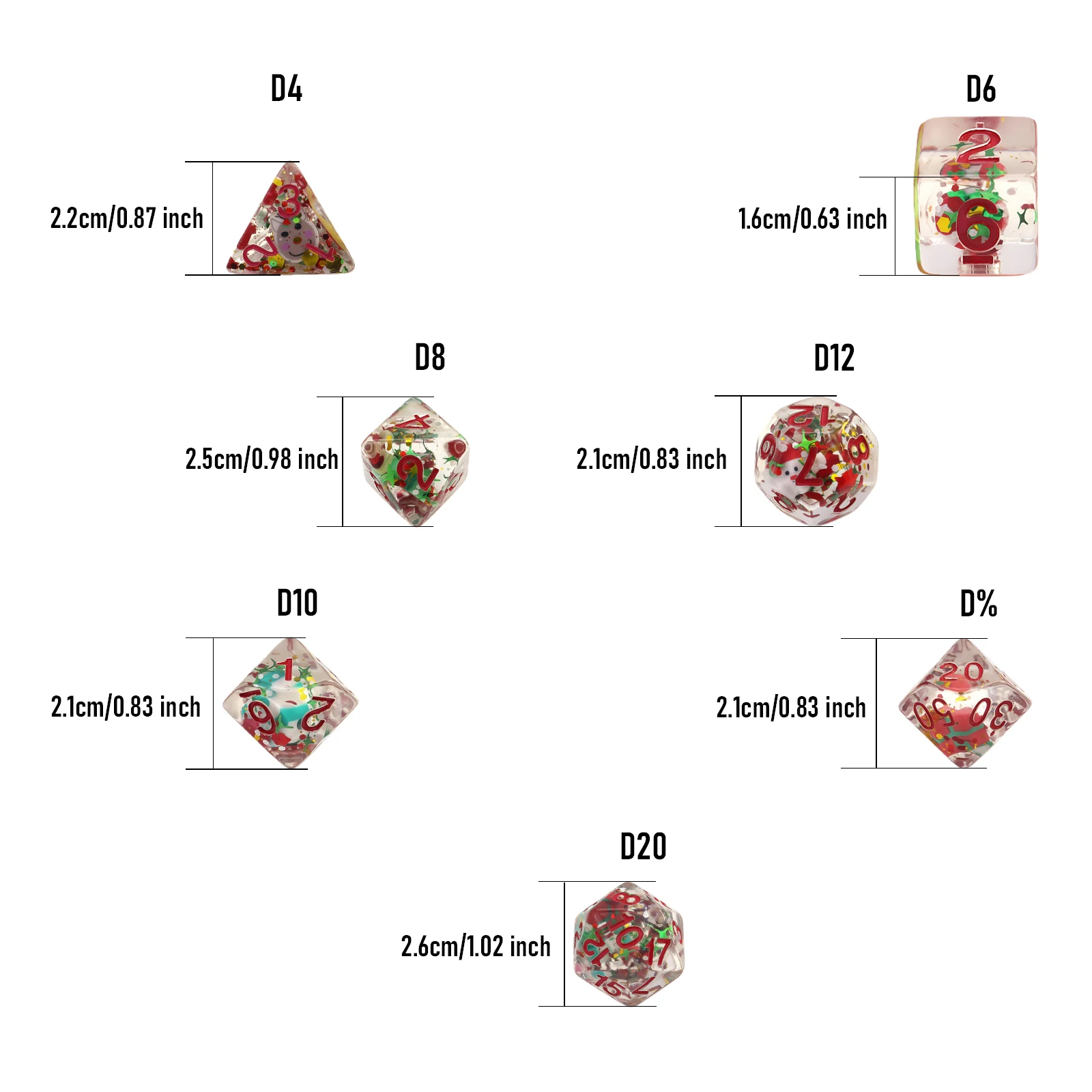 مجموعة نرد شفافة مكونة من 7 قطع مع شخصيات عيد الميلاد ثلاثية الأبعاد - لعبة عيد الشكر، لوازم الحفلات الخارجية، هدية عيد الميلاد والعطلات #4