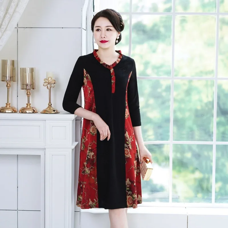 Temperamento com decote em v emendado vestido de malha roupas femininas mãe outono novo casual cintura solta sobre o joelho saia longa