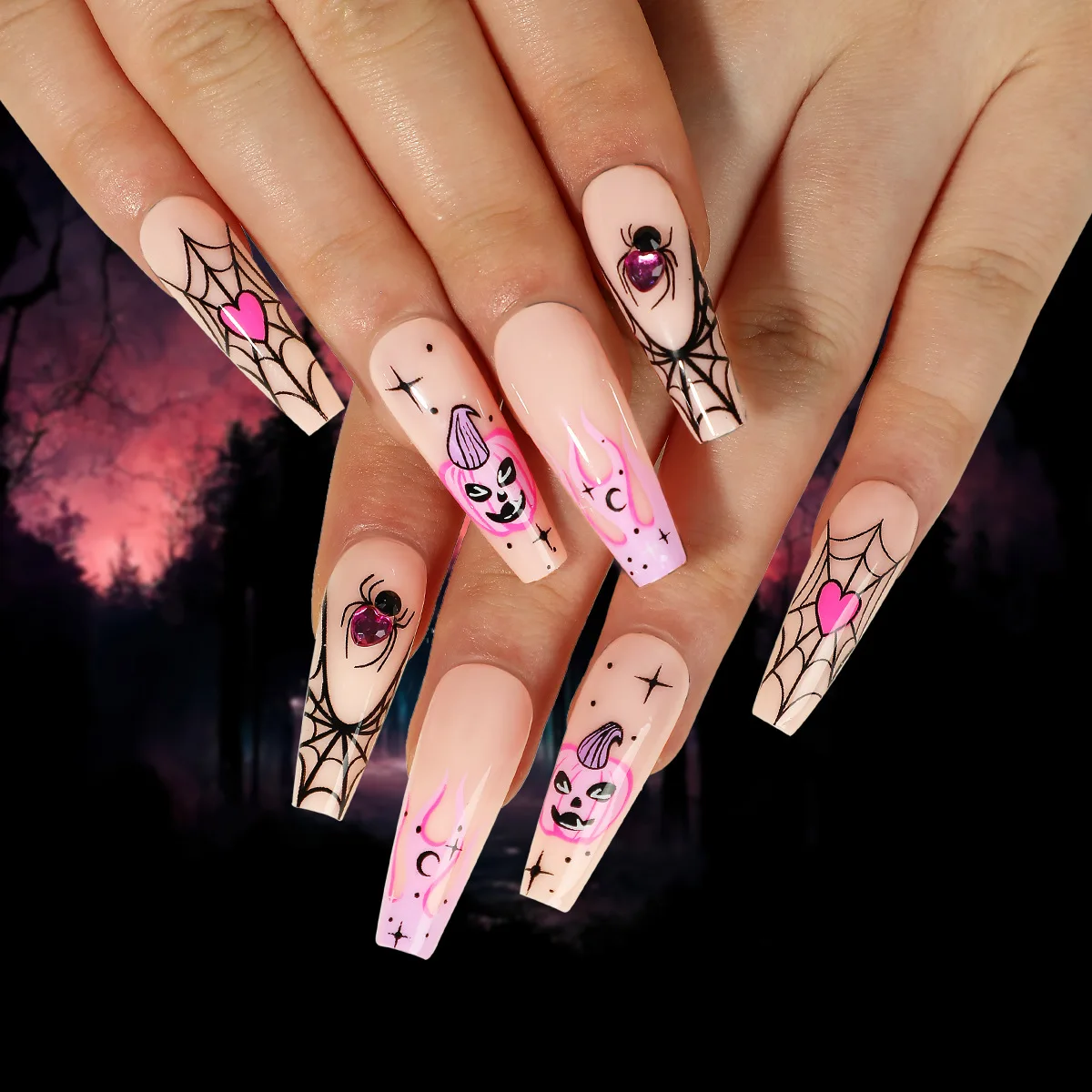 

24PCS Pink Halloween Press-On Nails - Flaming Pumpkins & Glitter Spider Webs Long Square Shape False Nails With Wearing Tools