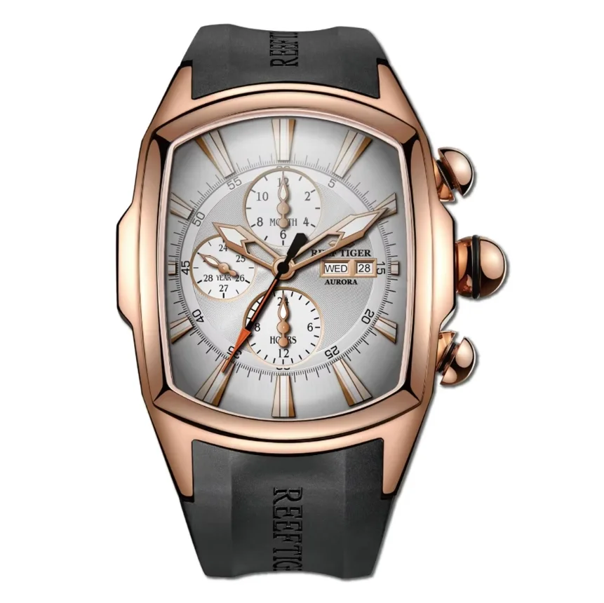 Reloj Automático Reef Tiger para Hombre, Reloj de Pulsera Mecánico Tonneau con Espejo Abombado, Luminoso, con Múltiples Esferas, Fecha, Semana y 24 Horas
