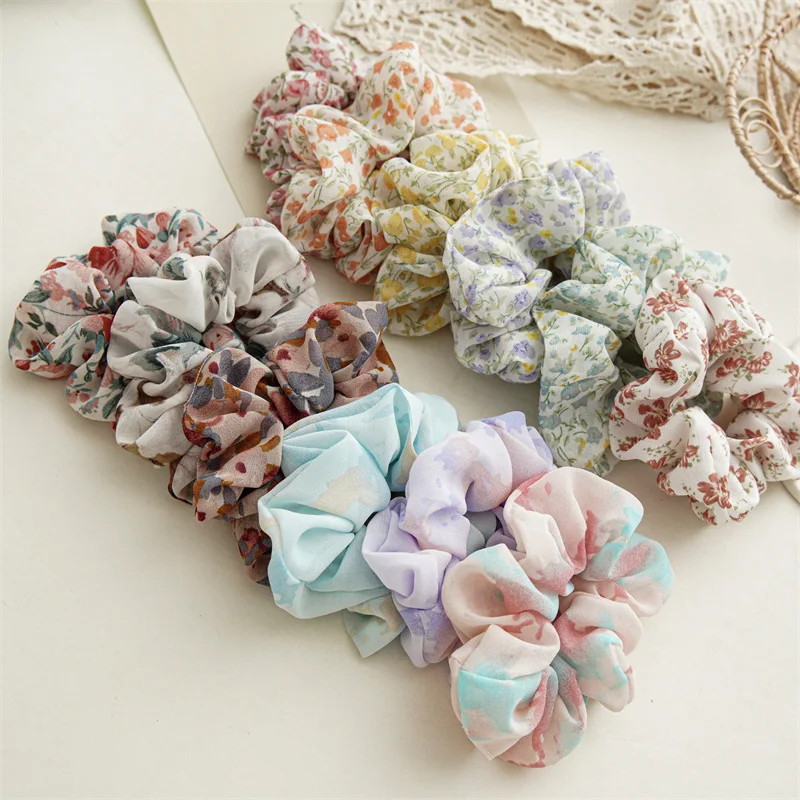 24pcs Boho Floral Print Korea Fashion Cute Chiffon Hair Scrunchies Elastic Hair Bands Ties Rope Bands Ponytail Bands Women Girls