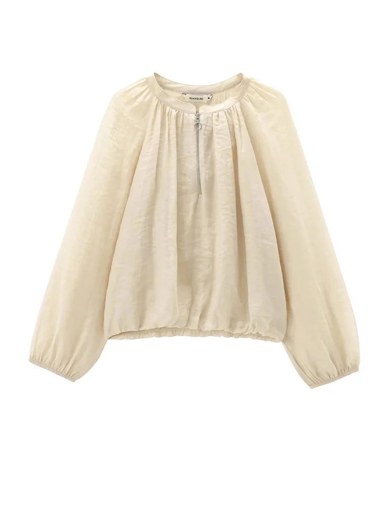 Women Zipper O-neck Beige Blouses Long Sleeve Loose Tops Shirts