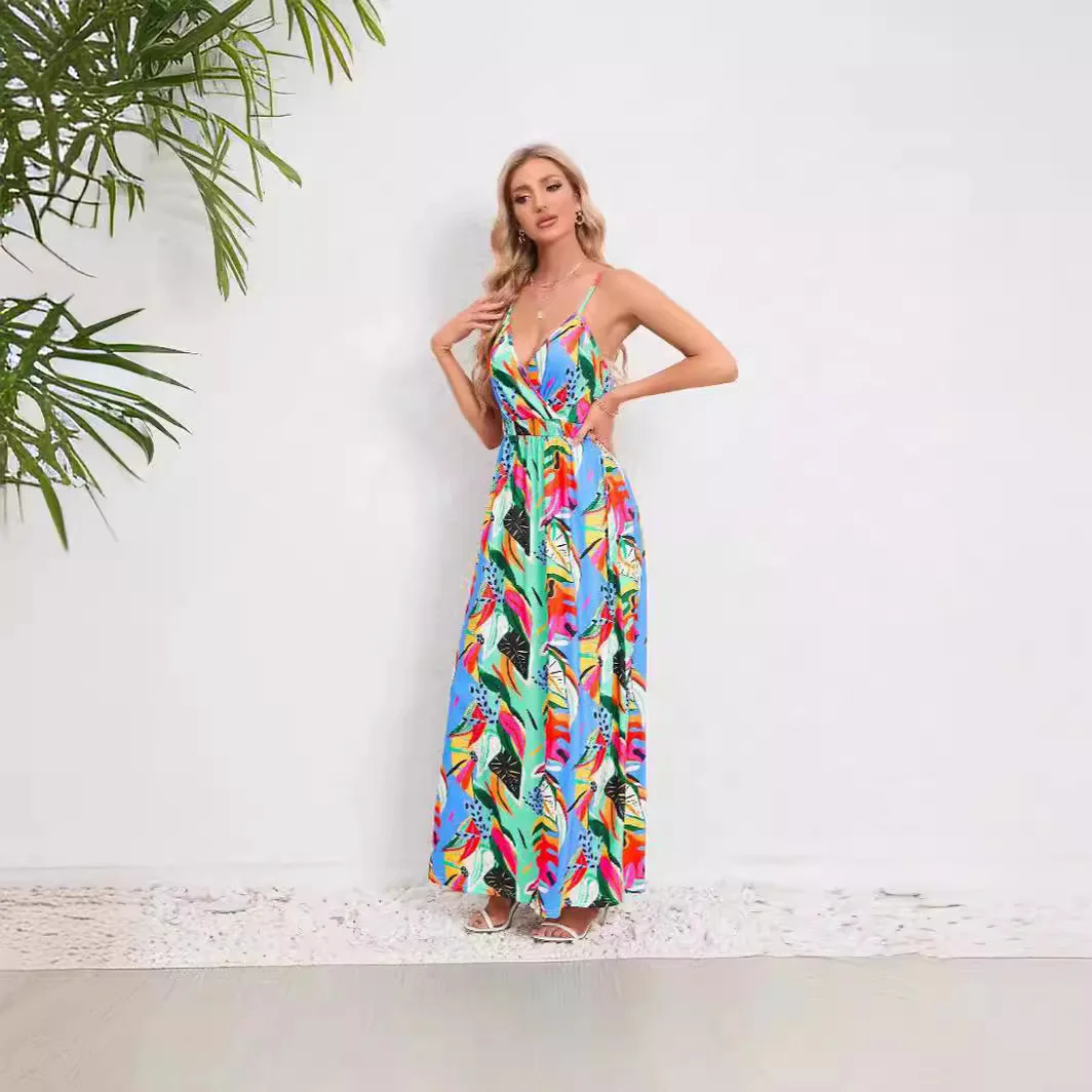فستان بوهو أنيق مطبوع للنساء مثير بياقة على شكل V بدون أكمام فساتين طويلة 2025 لربيع وصيف عطلة الشاطئ فستان الشمس فساتين نسائية