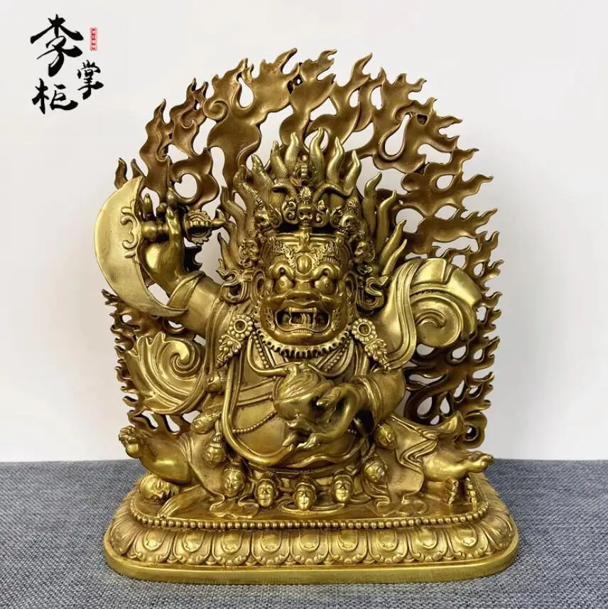 

Tibetan Esoteric Nepalese Pure Copper Black Robe Vajra Protector Buddha Statue Brass Two Armed Big Black Sky Mahagala Ornament