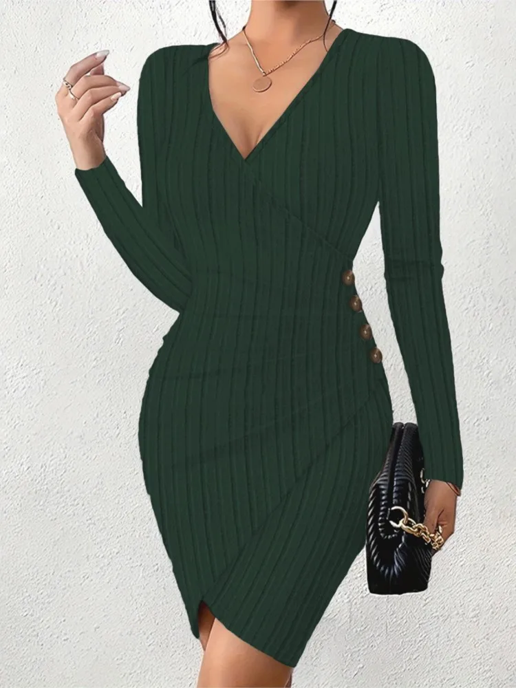 Elegant Slim Office Lady Dress Sexy V-neck Slit Knitted Package Hip Dress For Women Autumn Winter Long Sleeve Bodycon Dresses