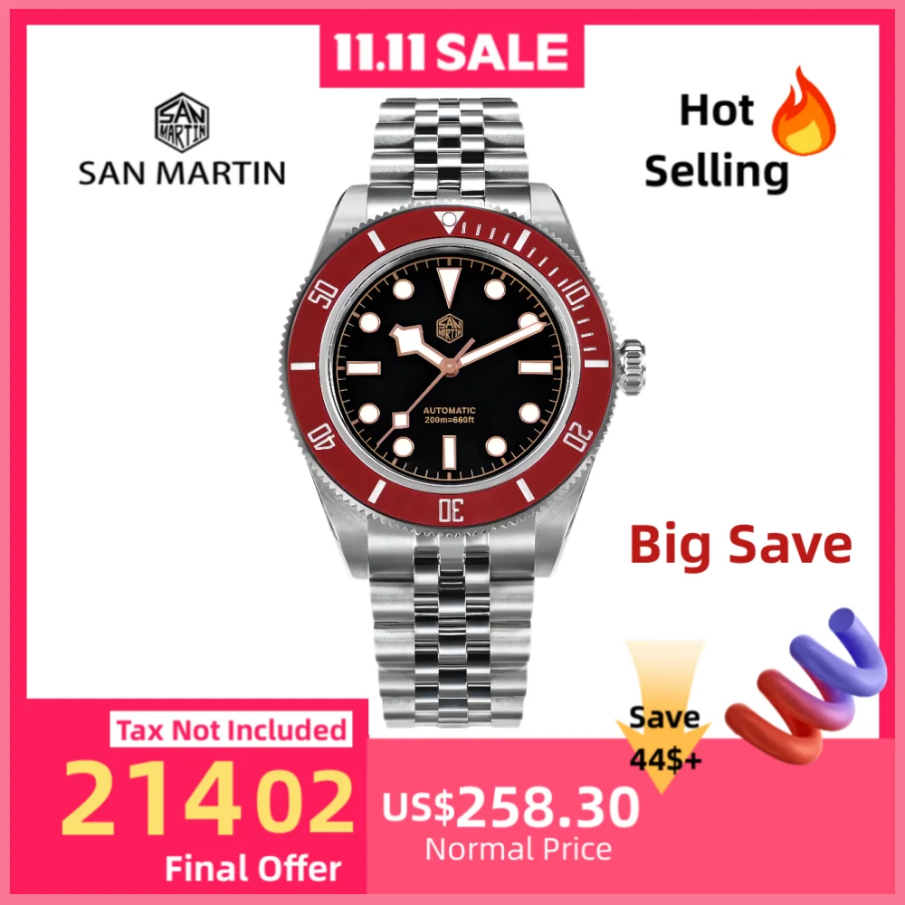 

San Martin 40mm NH35 Mens Watch Diving Mechanical Wristwatch 5-Link Bracelet Ceramic Bezel Waterproof 20Bar BGW-9 Reloj SN0128