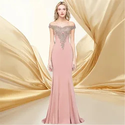 Robe de Soiree 2024 Sexy Lace Crystals Rose Gold Long Evening Dress Elegant Off-Shoulder Prom Party Dresses Vestido de Festa