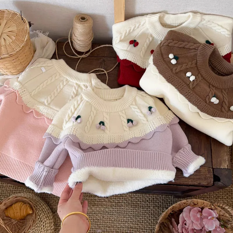 

Girls Thick Sweaters Winter Children Woolen Jersey Tops Outerwear For Baby Warm Velvet Clothes Kids Knitted Pullover Sweaters 5Y