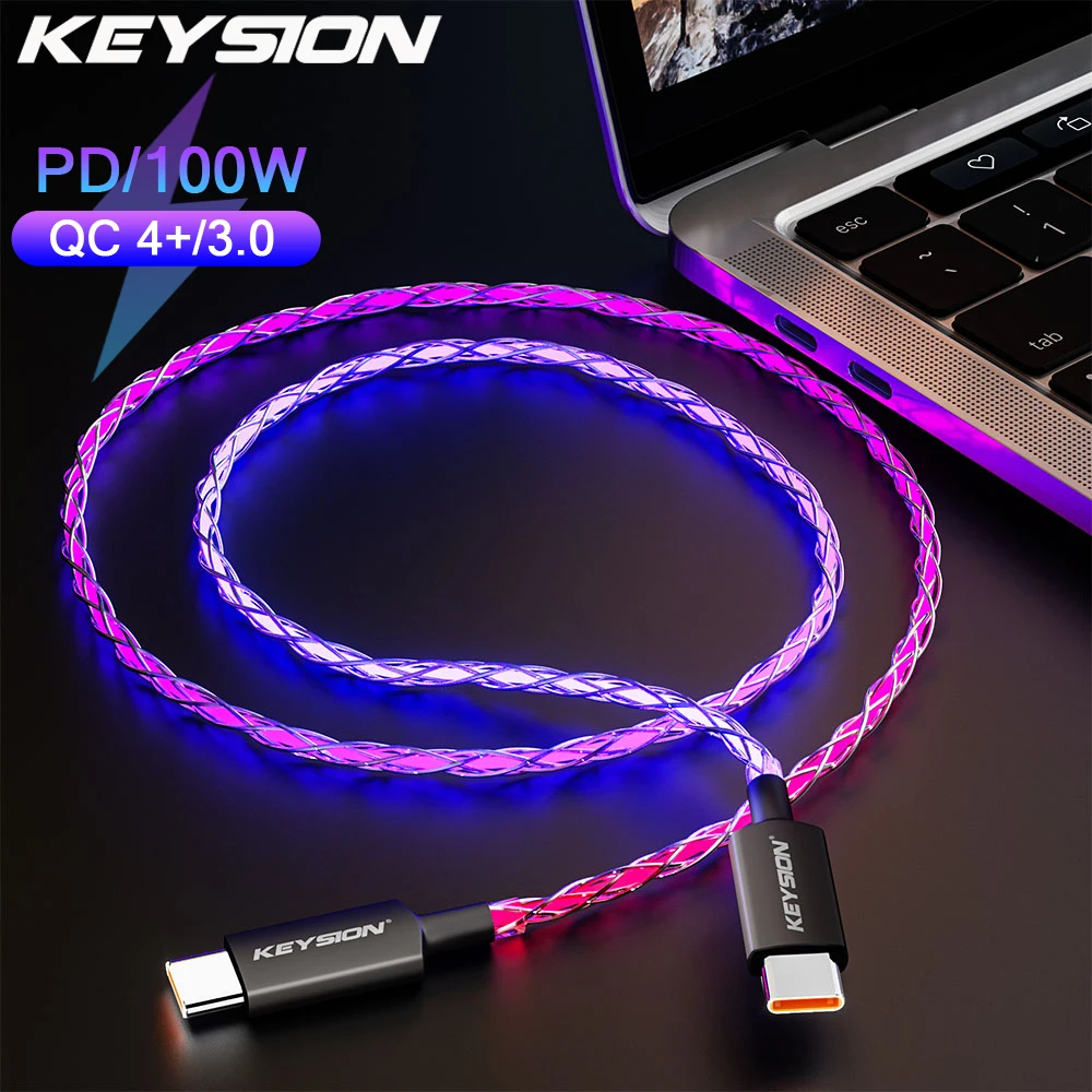 KEYSION 100W USB-C To Type C Charge Cable RGB Gradient Light PD Fast Charging Data Cable For iPhone 15 Samsung S22 Macbook Cord