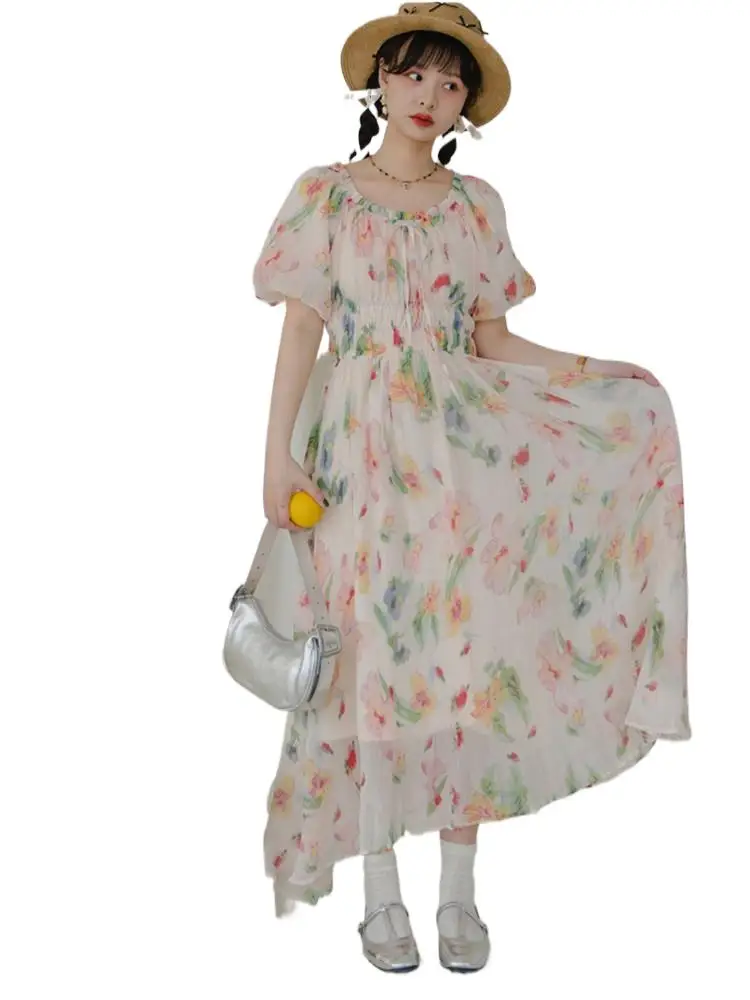 

Fashion Casual Office Lady Dress French A-line High Waist Maxi Dress For Women Summer Floral Print Lazy Style Chiffon Dress