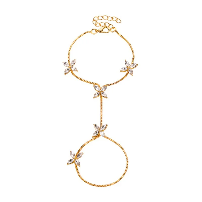 Korean version  little fresh hand decoration sweet little flower horse eye zircon finger chain female temperament four-leaf flow image 6