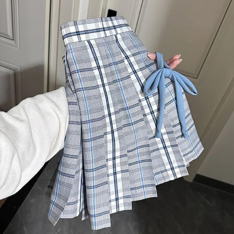 

Harajuku Lolita White Blue Plaid Jk Skirts Y2k High Waist Pleated A-line Skirt for Women 2025 Summer New All-match Faldas Mujer