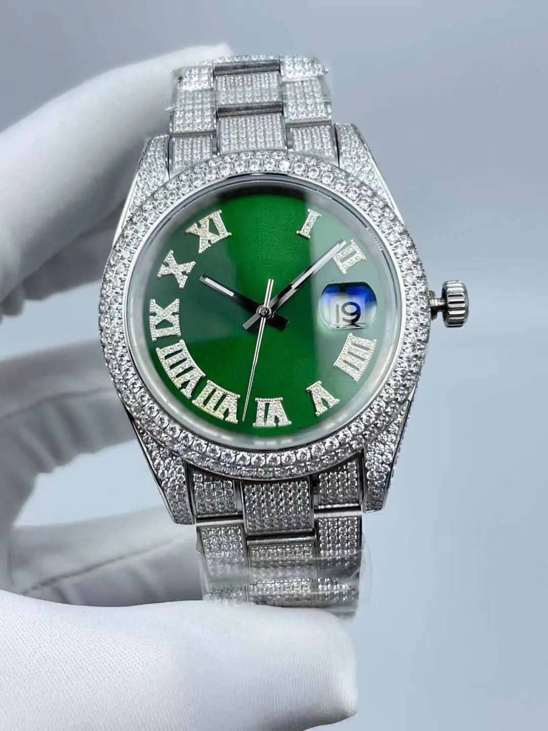 Mens Watch with Diamond Dial and Waterproof - 41mm Roman Diamond Surface, Waterproof, Calendar Window, and Mechanical Movement