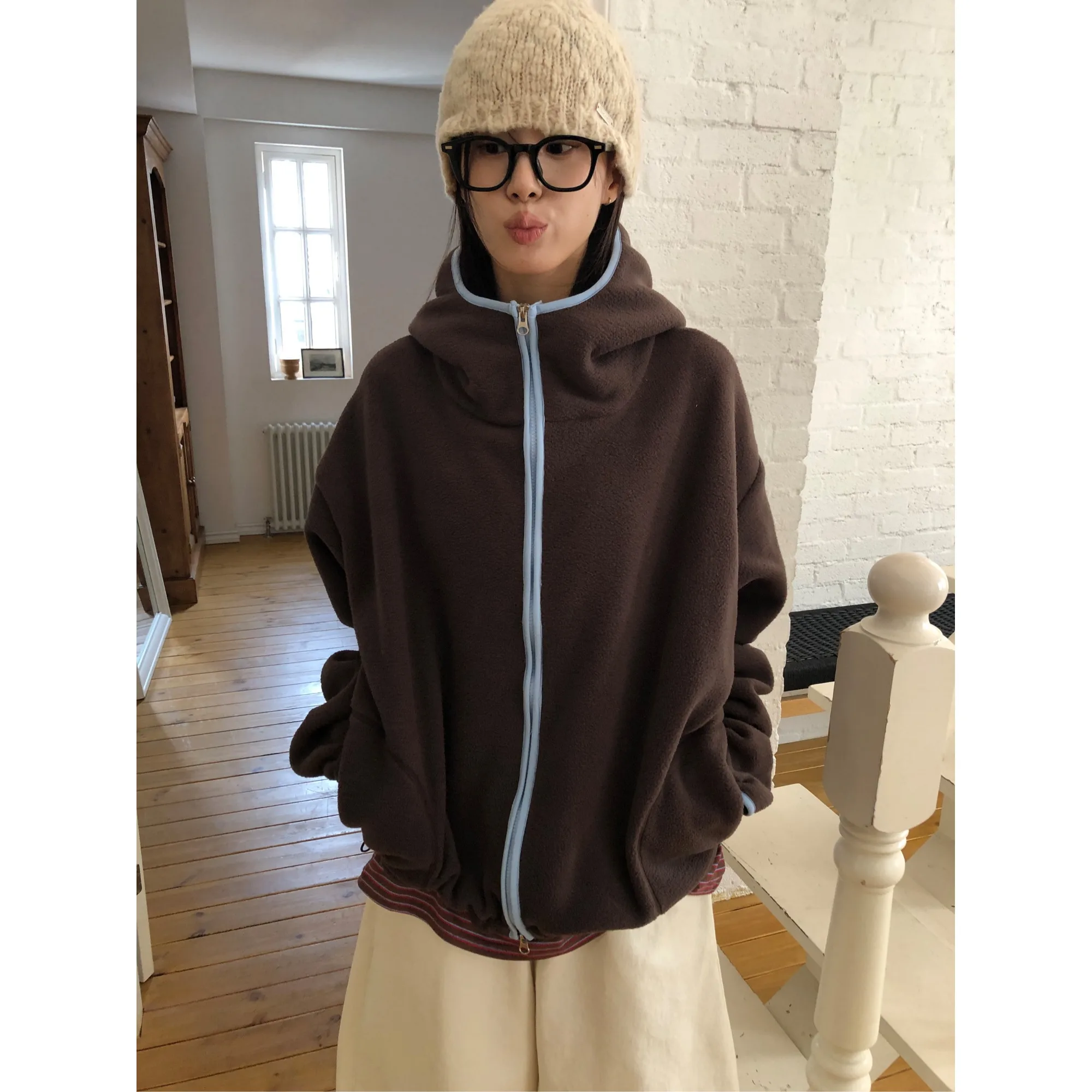 

Korean Sle Double Sided Fce Color Blo Hoodie Jaet Women's Autumn Winter New Design Lazy Streetwear Outerwear
