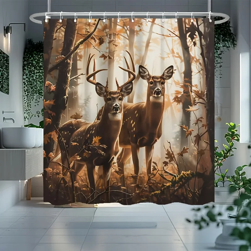 1pc Realistic Forest Elk Shower Curtain with Hooks - Suitable for Home Bathroom, Christmas Decoration, Elk-Themed Bath Curtain w