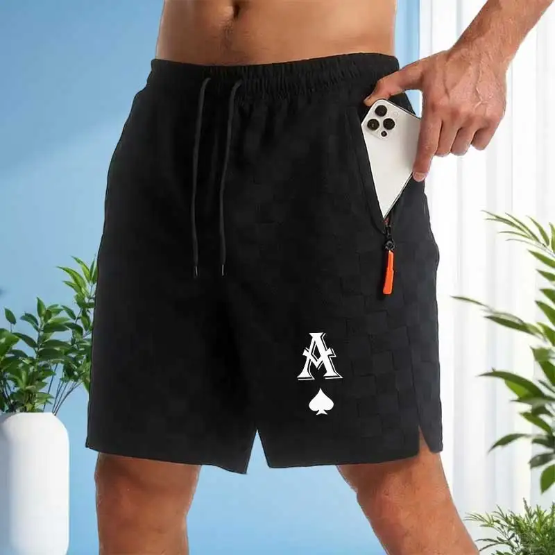 

Summer Men's Fashion Casual Shorts Poker Ace of Spades Print Drawstring Zipper Pocket Streetwear Shorts