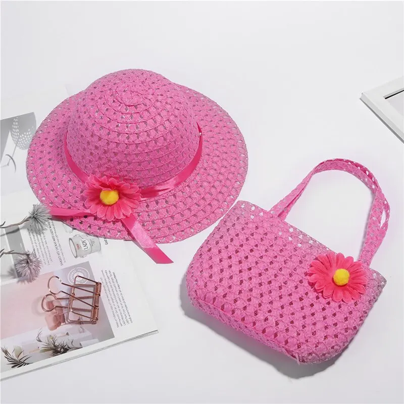 2 Pcs Set Girls Tea Party Straw Sun Hat and Purse Sets Kids Child Birthdays Easter Party Daisy Flower Summer Beach