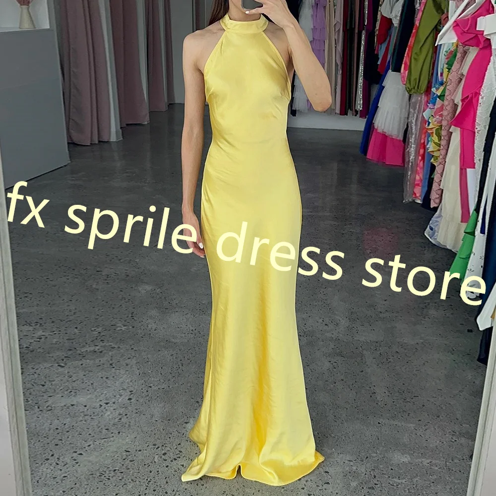 Straight Floor Length Halter Satin Special Occasion Evening Dress Sleeveless Yellow Elegant Pleats Bespoke Occasion Gowns