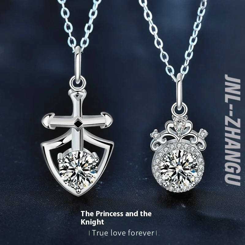 

Moissanite Princess and Knight925Sterling Silver Couple Necklaces Pair Personality Shield Crown Clavicle Pendant Jewelry