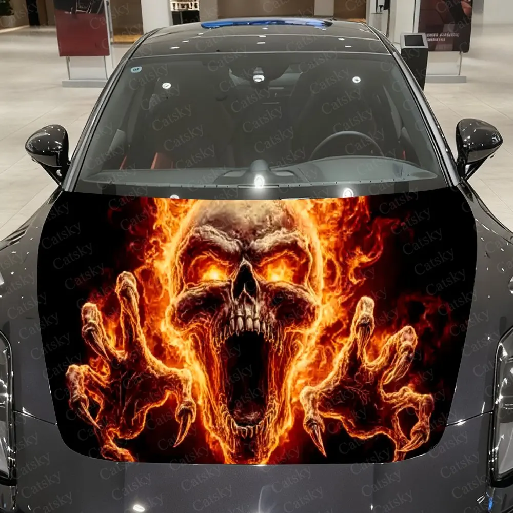 Roaring Fire Skeleton Car Hood Sticker - Gothic-style Grim Reaper and Crow design, durable PVC vinyl film, waterproof and scratc