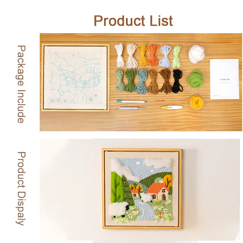 Scenery Punch Needle Embroidery Kits With Frame for Beginner Wool Needle Felting Crafts Kit with Yarns DIY Relaxing Craft Gift