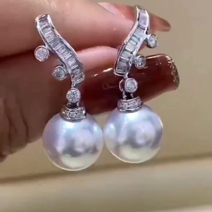 10-11mm Edison Pearl Dangle Earrings Heavy Full Baguette Zircon S925 Silver Curved Bar Women Luxury Drop Ear Jewelry