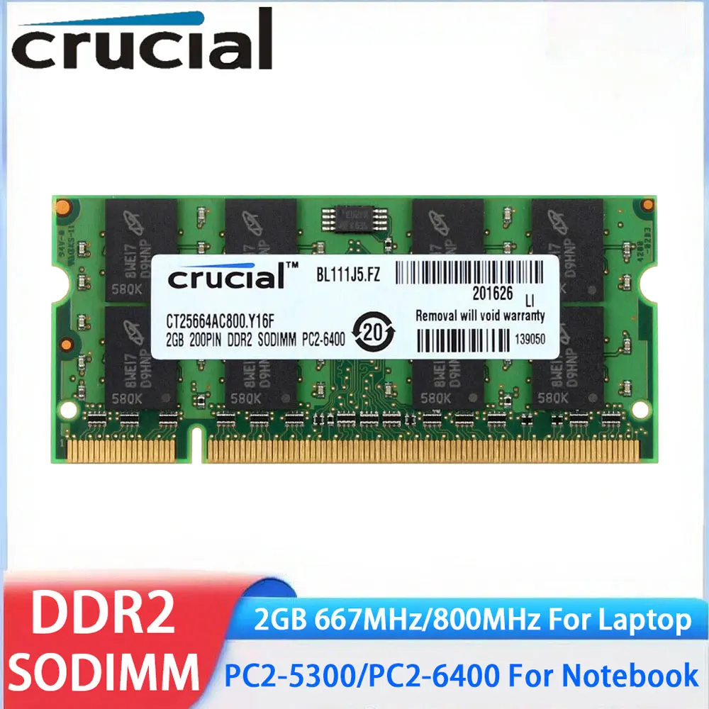 

Оперативная память для ноутбука Crucial Memoria DDR2 2 ГБ 4 ГБ (2x2 ГБ), 667 МГц, 800 МГц, SODIMM PC2-5300 PC2-6400, без ECC, небуферированная для ноутбука