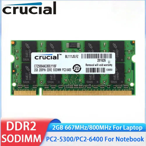 Memoria Crucial RAM para ordenador portátil DDR2 2GB 4GB (2x2GB) 667MHz 800MHz Memoria SODIMM PC2-5300 PC2-6400 no ECC sin búfer para Notebook