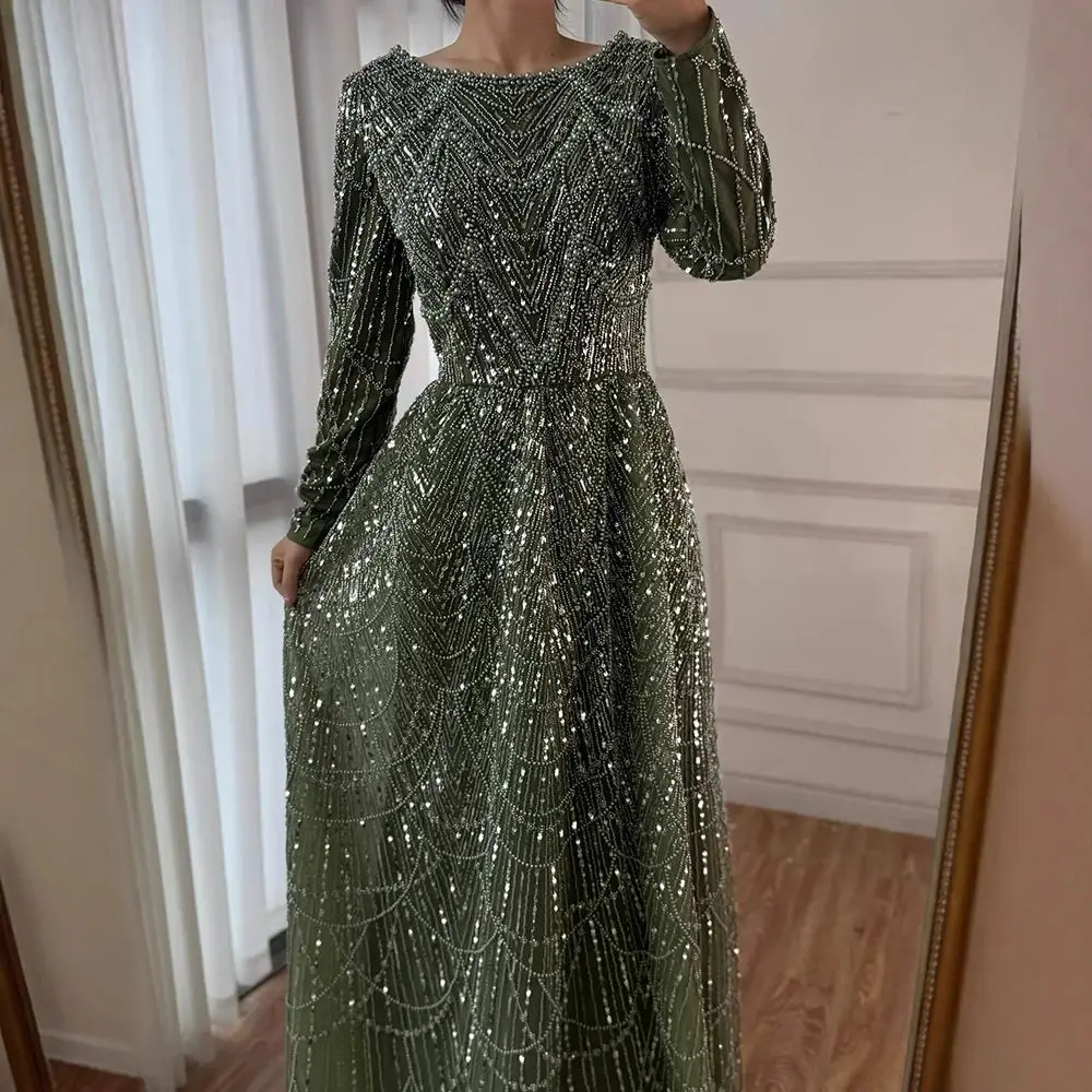 

Customized Sage Green Evening Dress Women Elegant Long Sleeve O Neck Beaded A Line Sequin Formal Prom Gown Luxury Dresses