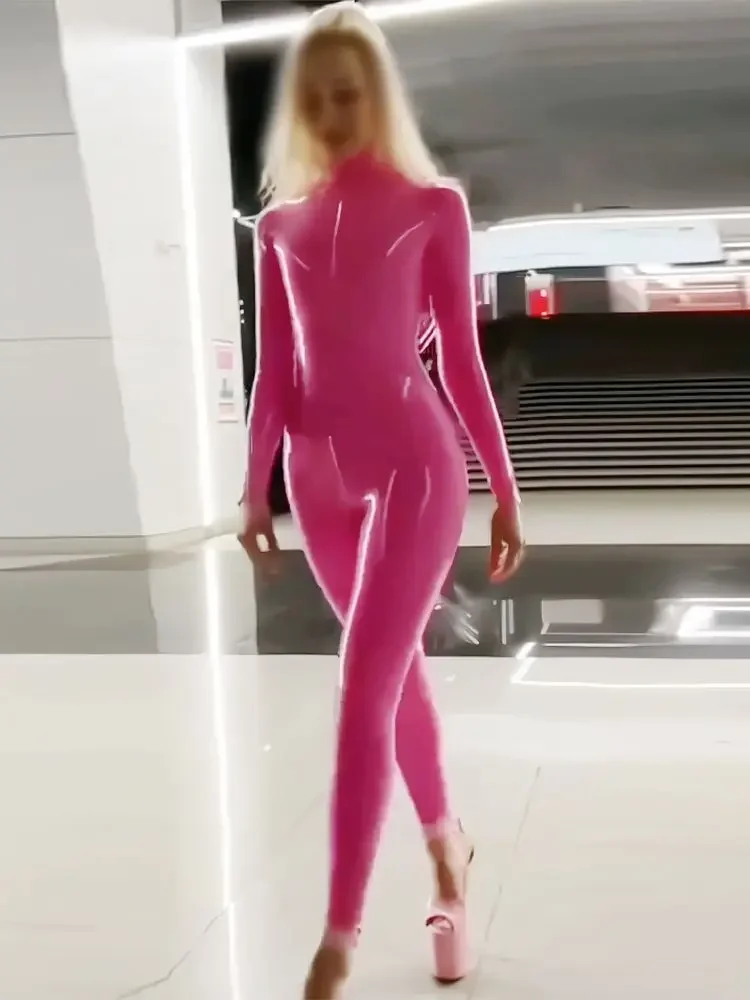 

Half High Collar Wet Look PVC Catsuit Long Sleeve Shiny PU Leather Zip Open Crotch Bodysuit Tight Sexy Cospaly Leotard Conjoined