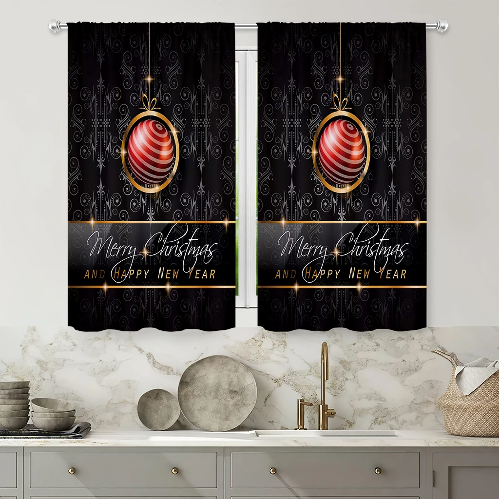 2pcs Christmas Bauble Print Curtains – 100% Polyester – Festive Holiday Party Decor for Kids' Rooms – Gift for Children