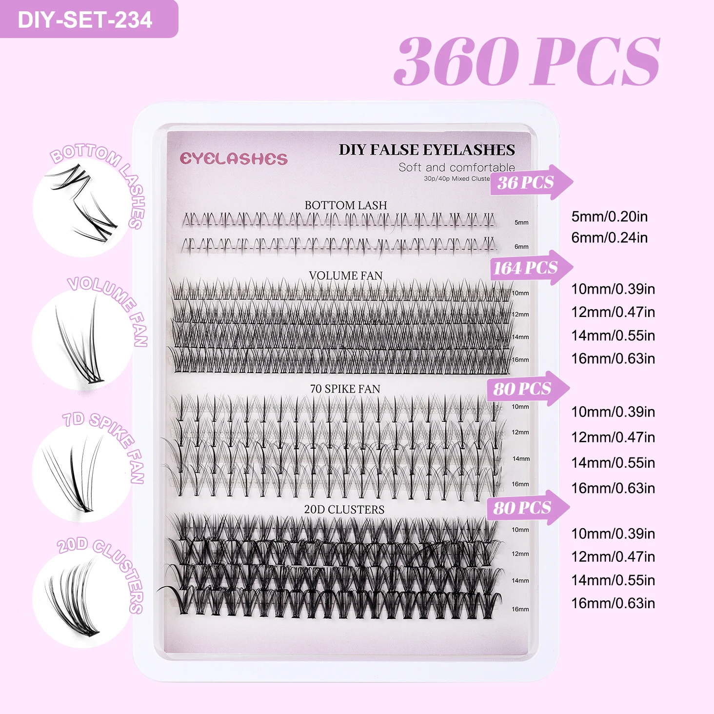 Lash Clusters DIY Lash Extensions Kit 360pcs Individual Lashes Clusters D Curl Eyelash Extension Kit with Applicator and Lash