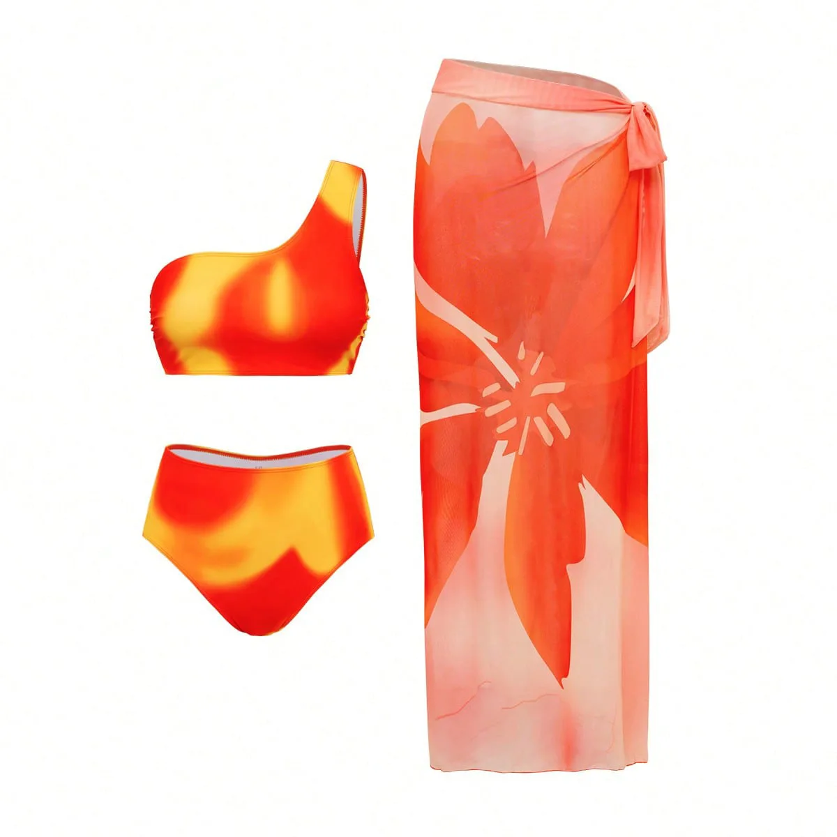 sexy orange tie dye print irregular vest bikinis sets 3pcs with mesh cover long skirt swimsuits swimwear tankini biquini trikini