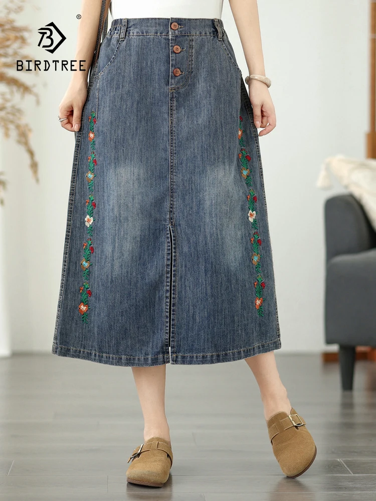 

New 2025 Summer Denim Skirt, Women Elastic Waist Floral Embroidery, Mori Girl Vintage OL Commute Loose A-line Skirt B57087CC