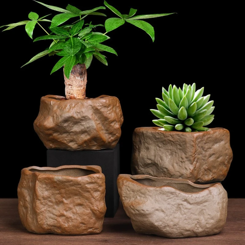 Coarse Pottery Imitation Stone Succulent Flowerpot Ceramic Household Personalized Wenzhu Calamus Green Plant Thumb Pot