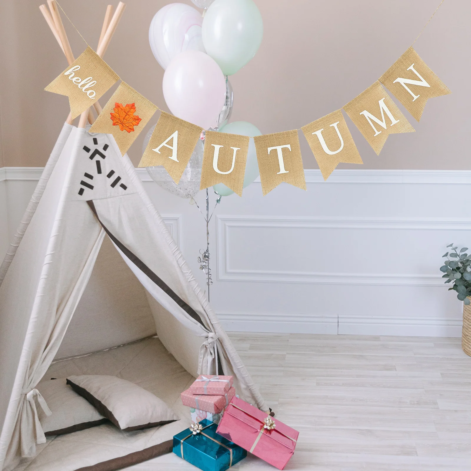 

Hello Autumn Linen Burlap Bunting Banner Fall Themed Swallowtail Hanging Decoration for Thanksgiving Day Party Decor