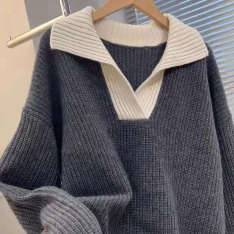 2025 Large Lapel Women's Sweater Color Clashing Knitwear Thicken Top Lazy Loose POLO Collar Comfortable Intercolor Pullover