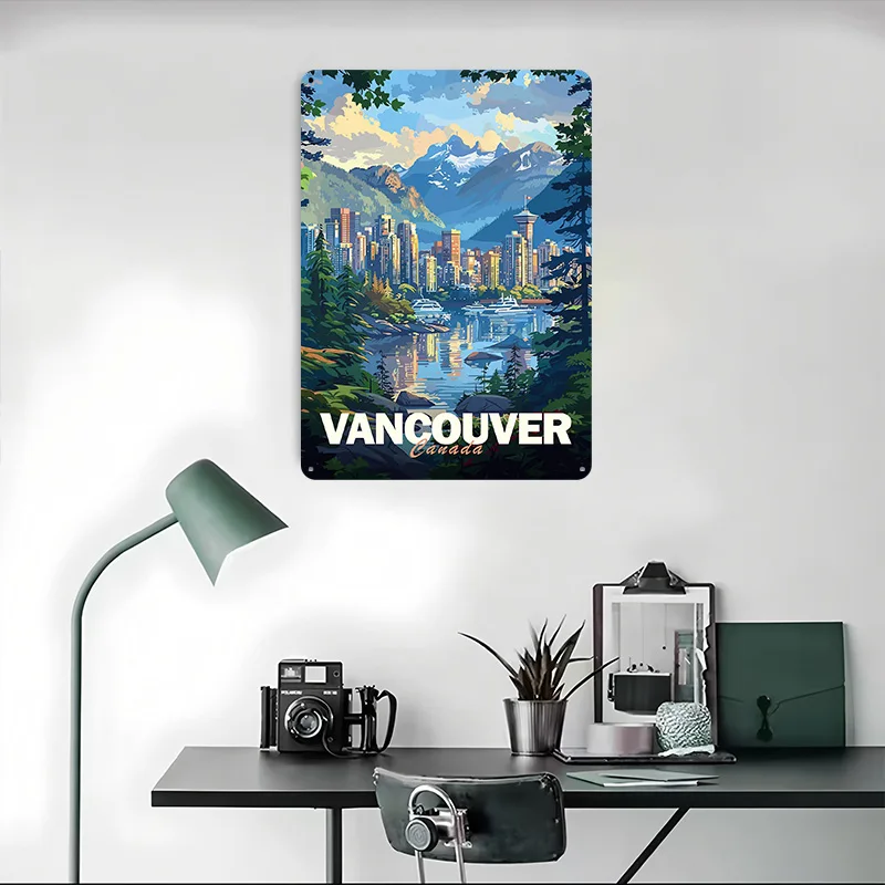 فانكوفر سيتي سكيب ملصق معدني علامات القصدير ديكور المرآب في المنزل علامة معدنية مخصصة للجدار ديكور فني عناصر ديكور المنزل