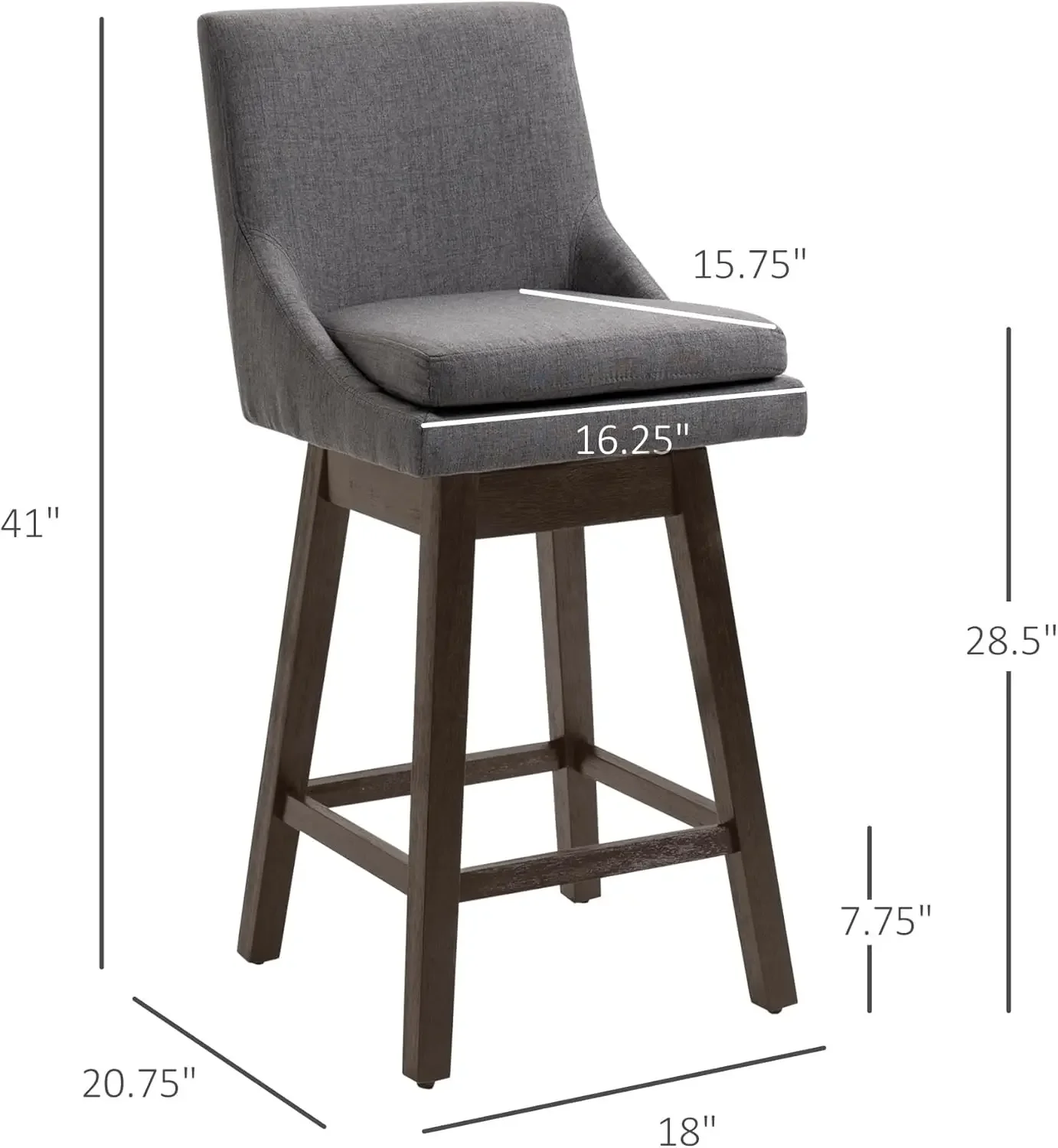 Bar Altura Bar Stools Set, sem braços estofados, cadeiras giratórias Barstools, estofamento macio, almofada e pernas de madeira, cinza escuro, conjunto de 2