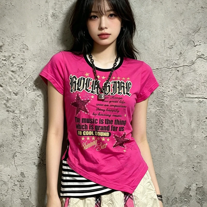 Camisetas Casuales de Verano Y2K con Efecto de Dos Piezas, Tops Estéticos con Parches Irregulares, Camisetas Vintage con Estampado de Letras para Mujer, Estilo Grunge Harajuku