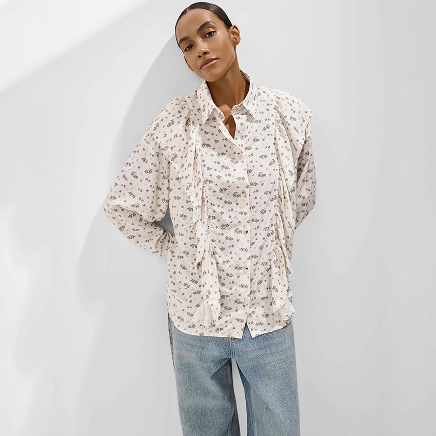 

Linad Vintage Print Ruffles Woman Blouse 2025 Autumn Casual Turn Down Collar Shirts Street Chic Single-Breasted Ladies Tops
