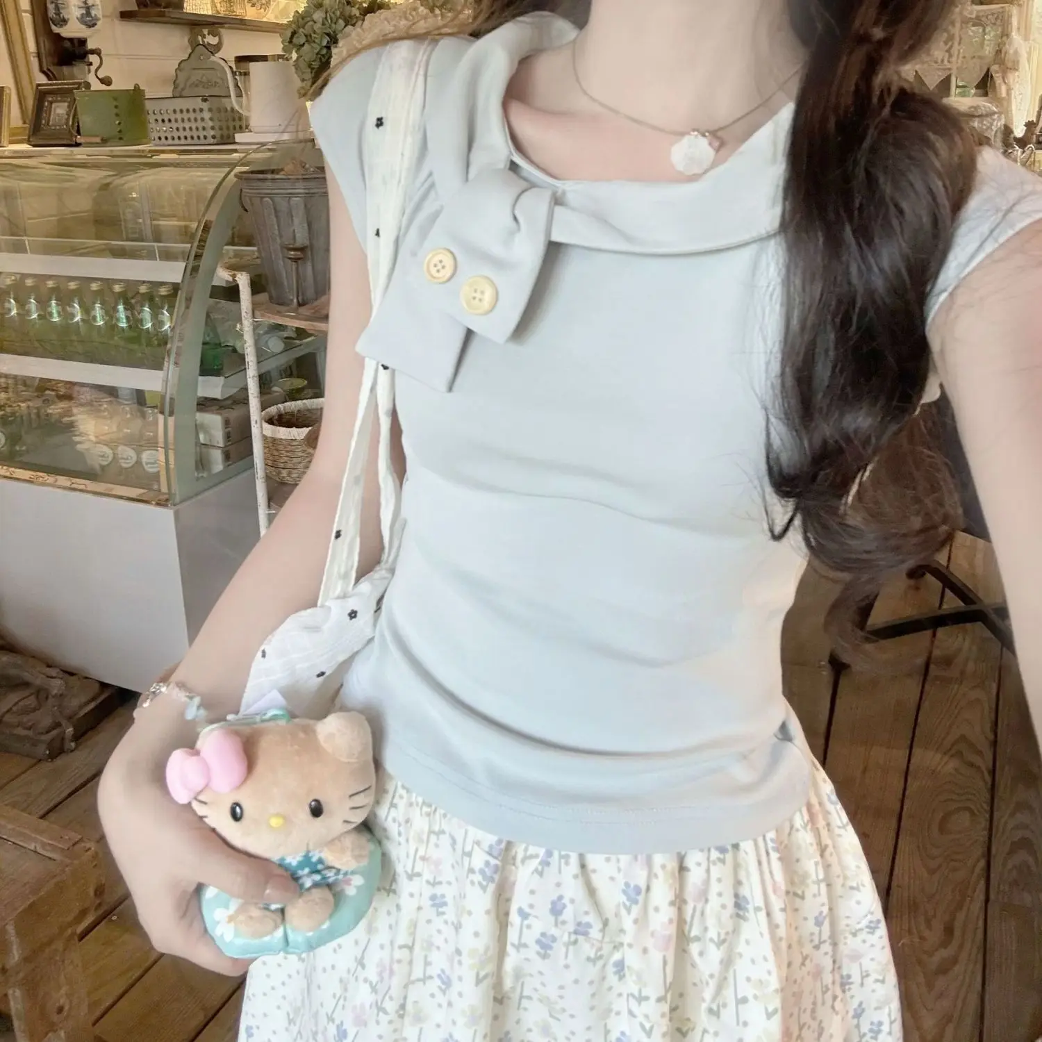 New summer women's pure color girlish style slimming and slimming button-knot versatile round neck short-sleeve T-shirt