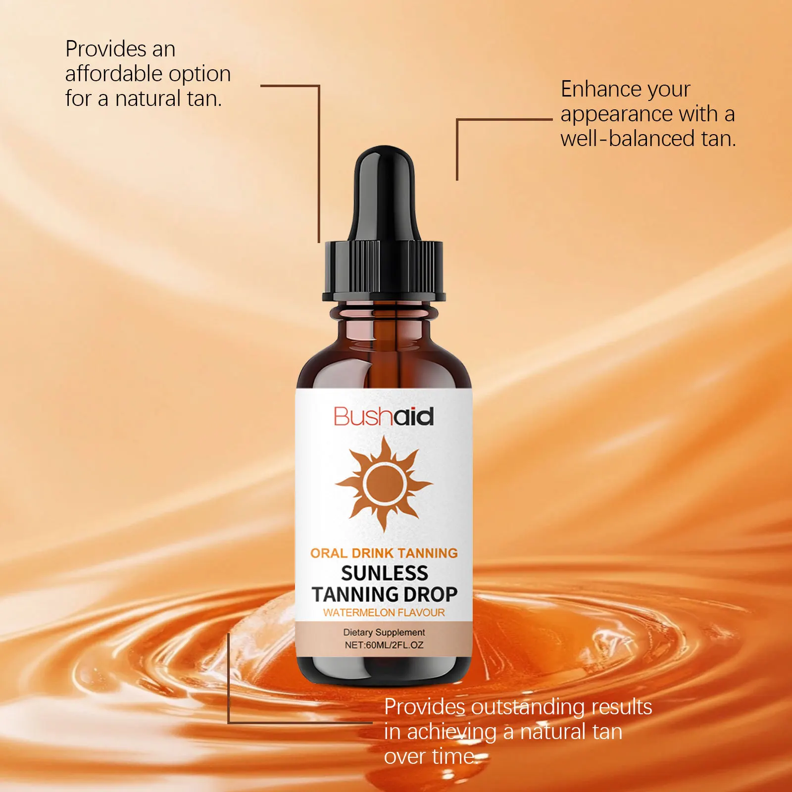 Oral Drinkable Sunless Tanning Drops Watermelon Flavor Boost Melanin Natural Sun‑Kissed Bronze Glow Tanning Supplement