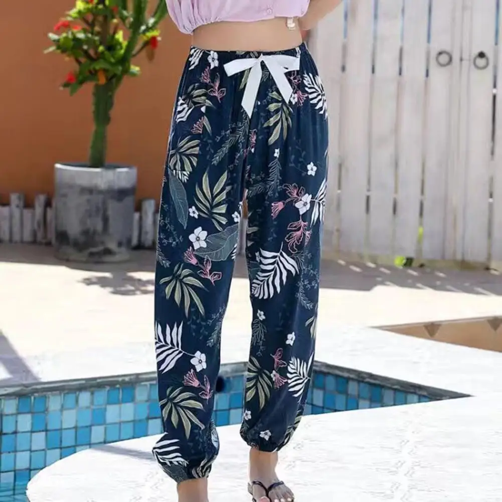 Women Pants Floral Print Wide Leg Harem Pants for Women Elastic Drawstring Waist Trousers Lightweight Thin Bloomers for Summer